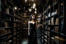 full-height shot of a woman in a tight black dress, inside a large magic book shop, shelving, lights, books, bottles, windows