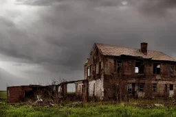 Old farmhouse, wasteland, storm, ruins, rain