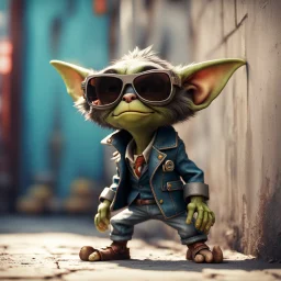 cool pimp gremlin leaning against a wall, wearing flip down sun glasses, in the style of a fallout 4,bokeh like f/0.8, tilt-shift lens 8k, high detail, smooth render, down-light, unreal engine, prize winning