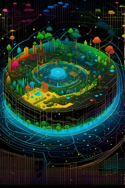 Visualize an expansive, vibrant ecosystem thriving within the silhouette of a giant microchip floating in cyberspace. This microchip-ecosystem is alive with various zones representing different aspects of AI quality assurance - from automated testing forests filled with robotic creatures conducting tests, over to a river of data flowing with bits and bytes, feeding into lakes of feedback and refinement. In the center, a majestic tree of knowledge stands tall, its leaves displaying holographic im