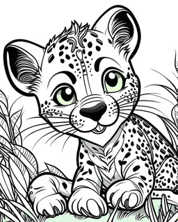 create a 2d black outline, "safari smiling cartoon baby gepard coloring book for toddlers", coloring page, low details design, black contour, coloring page design, simple background, colorful , card style, coloring page for kids, white background, sketch style, safari landscape, cartoon style