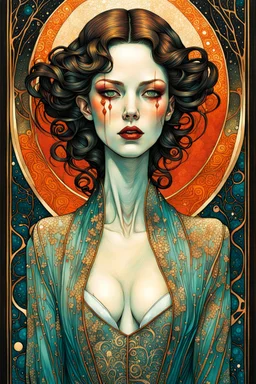 create a highly ethereal, darkly magical surrealist full body illustration of a vampire girl, with highly detailed and deeply cut facial features, in the style of GUSTAV KLIMT, EDWARD BURNE-JONES, WILLIAM MORRIS, and KATHE KOLLWITZ combined with the comic art style of BILL SIENKIEWICZ and JEAN GIRAUD MOEBIUS, searing lines and forceful strokes, precisely drawn, inked, and darkly colored