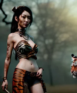 Ultra realistic, steampunk western party scene. Geisha Asian woman with tiger, waist up view, smoke, happy, color fog, people background, highly detailed, concept art, unreal engine 5, god rays, ray tracing, RTX, lumen lighting, ultra detail, volumetric lighting, 3d, finely drawn, high definition, high resolution.