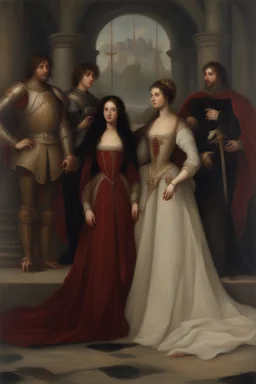 Oil painting Knights and princess wearing a dark red dress and long black hair