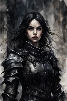 a young black-haired girl in medieval black armor on the castle grounds, dark tones, watercolor, dark fantasy, bad weather, gloomy day, dark world, sketch art, fine lines, grunge, sensual, darkness, by Raymond Swanland & Alyssa Monks & Anna Razumovskaya