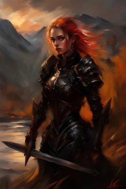 A formidable warrior girl in black armor, on the background Amazing gloomy landscape, flooded with sunset, mountains, trees, fabulous scary hero, , juicy emotions, painting, dark fantasy, gloomy day, dark world, portrait, by Anna Razumovskaya