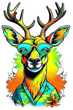 A groovy DEER with a wide, toothy grin, rocking sunglasses and a flowered shirt. Style: Pop Art, Mood: Fun and Funky, Lighting: Bright sunlight, T-shirt design graphic, vector, contour, white background.