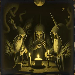 Daguerrotype close up some mysterious figures, odd background, alchemists, ritual, Hieronymus Bosch Max Ernst ambient light, by Minicavio Quollati and Marlost Endgulp, Amano, Botticelli, Alphonse Mucha
