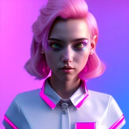 waitress teenager, color makeup, pink hair, rounded face, shirt, vibrant color, cyberpunk style, highly detailed, art stations, concept art, smooth, unreal engine 5, god rays, ray tracing, RTX, lumen lighting, ultra detail, volumetric lighting, 3d, finely drawn, high definition, high resolution, gradient background