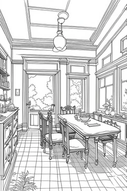 Outline art, house interior design, dining room, no shading, no lines, cartoon style, --ar 9:11