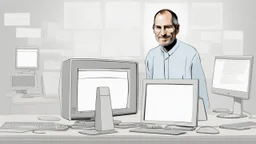 An image inspired by Steve Jobs' innovative spirit shows him standing next to the iconic iMac computer. Jobs appears in the image with a confident smile, casting a look full of optimism towards the future. The image showcases his dedication to achieving innovative technology and sleek design, captivating viewers' attention and encouraging them to explore more details about Steve Jobs' pioneering persona and his legacy in the world of technology and innovation.