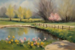 amazing sunny spring day, trees, flowers, fence, little pond, lesser ury impressionism painting