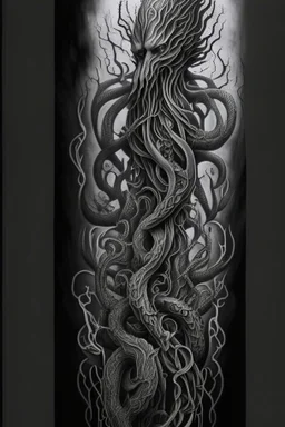 A mesmerizing vertical tattoo artwork design inspired by the enigmatic entity Cthulhu. This black and grey realistic tattoo showcases Cthulhu's imposing presence, with finely detailed tentacles twisting and curling around the composition. The intricate linework and shading create depth and dimension, capturing the eerie and mystical essence of the creature. The design embraces the black and grey palette, conveying a sense of darkness and mystery. The realistic tattoo style enhances the overall i