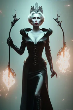 Constance Langdon as evil queen in black leather, leather, busty, cleavage, angry, stern look. character design by cory loftis, fenghua zhong, ryohei hase, ismail inceoglu and ruan jia. unreal engine 5, artistic lighting, highly detailed, photorealistic, fantasy