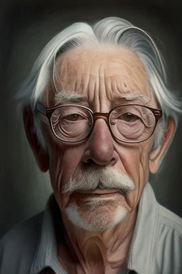 portrait of a man, in his seventies; small, short white locks and a goatee; wears a pair of round glasses