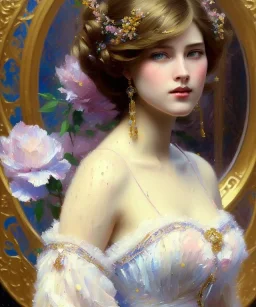 realist impressionist portrait of "The Curious Female" by Ross Tran rework. Masterpiece, best quality, painted impressionist brush strokes. paint drips and drabs and splatters by and by art nouveau and richard schmid . Paint spatters, drips, drabs, dynamic, artstation, artgerm