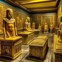 Golden yellow chambers with tombs and mummies designed in ancient Egyptian architectures and sculptures painted by Henri Rousseau
