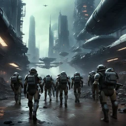 A photorealistic, wide-angle cinematic shot on 35mm film captures the transition from a grueling, ground-level sci-fi battlefield to the alien tranquility of "Tube City," as referenced in image_0.png. Following Aurora's command, a squad of human marines, their armor muddy and scorched, and including the original dark-haired woman, stands just within the massive, newly breached entrance gates of Tube City. The towering gates, made of heavy metal panels, are partially open, leading into the city.