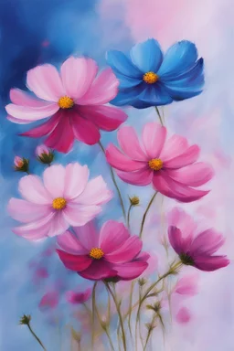 Cosmos flowers in blue and pink to be used on a business card as background, realistic beautiful, thick oil paint