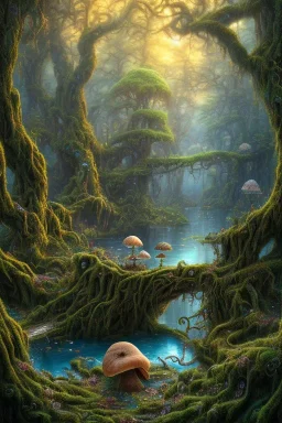 high-quality, fine-detail beautiful, breath-taking forest with gnarled trees, flowers, clear reflective lake, dragon, some mushrooms, tranquil, stunning, 8k resolution, intricate, digital art, detailed matte, volumetric lighting, George Grie, Anne Dittman, Anne Stokes, Lisa Parker, Selina French, Alphonse Mucha