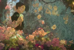 gardenia, colorful, psychedelic, intricate, elegant, highly detailed, digital painting, artstation, concept art, smooth, sharp focus, greg rutkowski art and alphonse mucha, ghibli robot