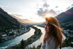 Create hypeCreate hyper-realistic photo of [Swiss] hills ,river, escape . Soft bright daylight, . DSLR quality, sharp focus.r-realistic photo of [Swiss] city scape. . Sunrise cloudy sky godrays ,beautiful lady in closeup look at camera ,full body. DSLR quality, sharp focus.