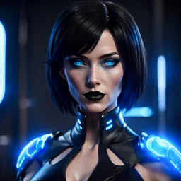 black haired futuristic sorceress, short hairstyle, dark eyeshadow, black bodysuit, black lipstick, glowing blue eyes, relaxed confident powerful intense, slight smile, Unreal Engine rendering, 8k, video game character