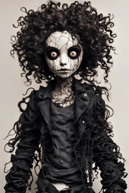 full color, illustration of a dark, menacing, curly haired, black clad motorcycle girl, tall and willowy , as a decayed, broken, crude homemade cloth doll toy, with a cracked porcelain face, thick dark eyebrows, hair made from ragged strips of cloth, in the style of Alex Pardee, Tim Burton, and Nadya Sheremet