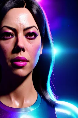 Aubrey plaza, Futuristic cyborg, portrait from waist up, vibrant hair color, vibrant eye color, intricate eyeliner, vibrant eyeshadow, clear completion, soft lighting, 4k resolution, intricate details, insanely detailed, colorful cityscape background, masterpiece, expert, cinematic smooth, retroanime style, realistic details, no helmet