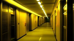 liminal office hallway with worn yellow carpet, repetitive architecture of identical rooms, flickering fluorescent lights, the corridor curves upward impossibly, a glowing vending machine in the distance, silent unsettling atmosphere, backrooms aesthetic, hyper realistic photography, wide angle