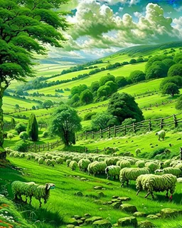 beautiful rolling hills and fields, with stone fences, small stream and sheep, of the Bakewell in England. Gorgeous lush green grass and trees.
