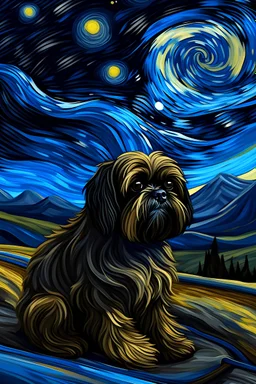 Una perra negro Shih Tzu en una montaña al estilo Van Gogh, acompañada de su amo que es mujer. Una noche estrellada y con luz solo de la luna.