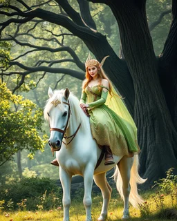 Beautiful princess Elf adorned she on riding white unicorn horse,beautiful forest giant trees oaks background