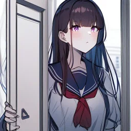 Clear focus, High resolution, rough line sketch, black long hair chopped bangs, purple eyes, wearing a sailor uniform with a red bow, opening door, suprised look on face