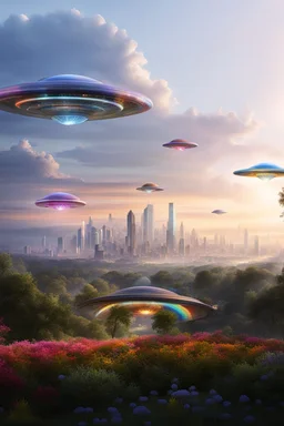 ufo rainbows, cité cristal très futuriste ultra moderne, ufos fleet, intergalactic, dômes de cristal, beautiful gardens , flowers