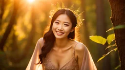 A gorgeous smiling Asian model in a fairy outfit in a magic forest with 1000 y/o trees, a small torrent, sun rays through the branches, particles in the air at dawn