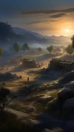 Busch nightmares paining style, thin line draw ,Title:view of a Stone Age village surrounded by hills on an army waiting to attack the village at sunrise , 8k artistic photography, photorealistic concept art, soft natural volumetric cinematic perfect light, chiaroscuro, award-winning photograph, masterpiece, oil on canvas, Raphael, Caravaggio, Greg Rutkowski, people, beksinski, Giger