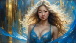 In Casey Baugh's evocative style, art of a gorgeous young smiling asian goddess full body with long blonde hair, blue eyes , beautiful chest and legs, futuristic, transparent blue lace, elegant, highly detailed, majestic, Baugh's brushwork infuses the painting with a unique combination of realism and abstraction, greg rutkowski, surreal gold filigree, broken glass, (masterpiece, sidelighting, finely detailed beautiful eyes: 1.2), hdr, realistic painting, natural skin, textured skin,