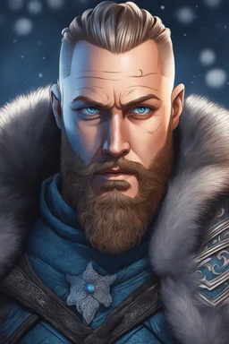 Ragnar Lothbrok in 8k cartoon artstyle, blue eyes, Bald, beard, tattoos, winter, close picture, highly detailed, high details, detailed portrait, masterpiece,ultra detailed, ultra quality