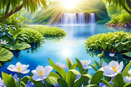 magic garden with water hyacinth, white or parma or blue light effects colors, sun, realistic, very detailed, water hyacinths into a peaceful lake, waterfalls in the background of the park, high contrast, 8k, high definition, concept art, sharp focus