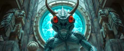 fish eye portal inter dimensional psychedelic ultimate nephilim newt coy insect cyberpunk cowboy brilliant detailed full figure portrait disco glittery fluffy muscle man dino anime in the style of Escher and Giger in front of dented marble tower of transparent glass statues