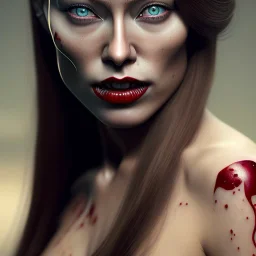 pale woman with gagball in mouth, covered with blood, olivia wilde face!!!, red hair, skeleton tattoo!, ultra realistic, concept art, intricate details, highly detailed, 4 5 mm. photorealistic, octane render, 8 k, unreal engine. film still, heavy grain, 3 5 mm, art by artgerm and greg rutkowski and alphonse mucha