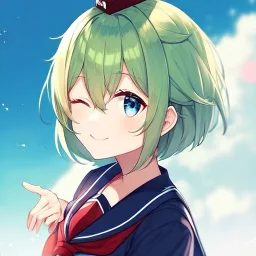 Clear focus, High resolution, short light green hair, blue eyes, wearing a sailor uniform, red tie, wearing a sailor skirt, eyes closed, smiling, 1girl, spiky hair, not alot of hair on the side of her head