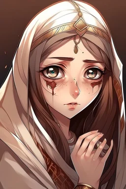 "Draw an Arab character, a girl wearing traditional Arab clothing, with an injured eye and another eye covered with a piece of cloth, indicating her royal lineage. She has long brown hair. Draw her in an anime style, similar to Vanitas style