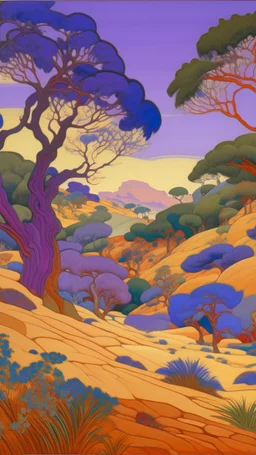 A violet arid forest in a desert painted by Paul Ranson