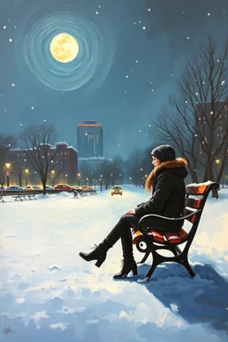 Painting of a lonely young woman . snowy night. sitting on a park bench. cityscape. full moon. night time oil painting. expressive brush strokes. solitude. pensive mood
