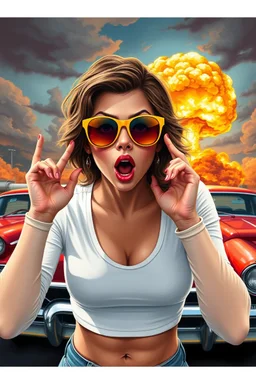 an young woman leaning forward(cropped tightly from between nose and stomach, white top with wide neck opening, cleavage, hands at face with surprised expression, home alone scream, wavy hair, large cheep colorful sunglasses, gloss lips), nuclear explosion and classic Cars in background, greaser, digital painted illustration