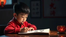 Young schoolboy writing Chinese characters, award-winning colour photograph, beautiful lighting, accurate Chinese script