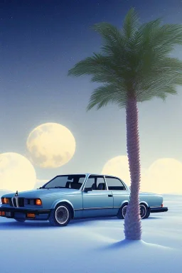 1980's aesthetic vaporwave palm trees with lighting with moon with bmw in the winter snow