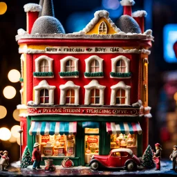 Close-up photograph of a diorama building, city, store, advertising, land-of-toys with detailed vintage toys made of cake-frosting and felt, strong texture, extreme detailed, movie shot, rich moody colors, sparkles, night, nightmare